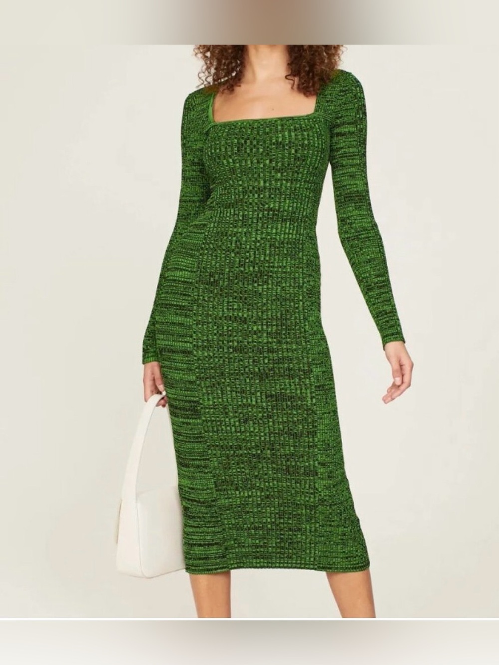 Ganni Melange Kelly green textured long sleeve square neck midi dress